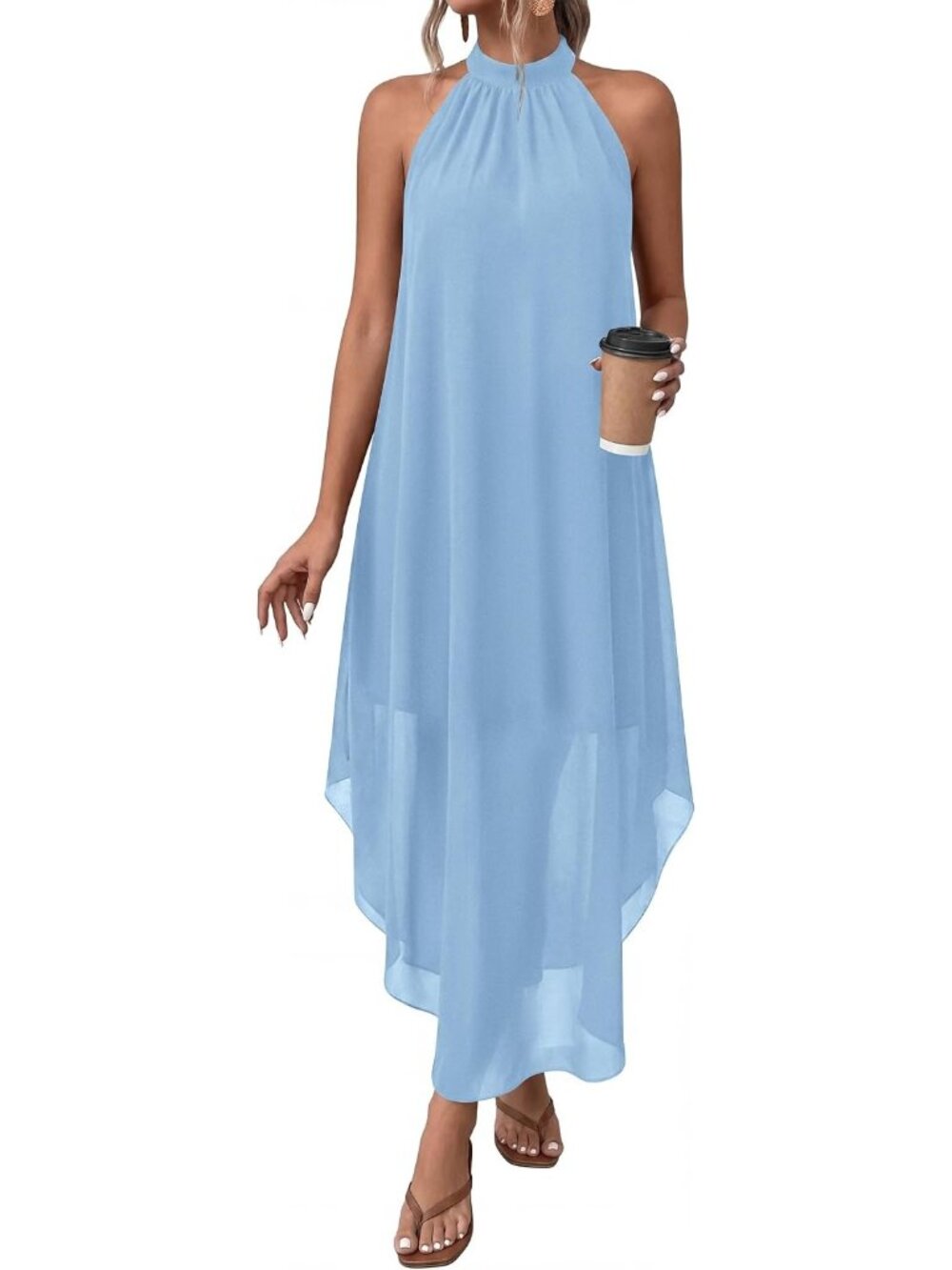 Women's Light Blue Summer Long Flowy Wedding Guest Halter Pockets Maxi Dresses